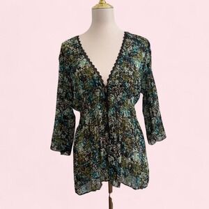 Y2K Elementz Green Floral Chiffon Babydoll Blouse w/ Lace Trim — Size L
